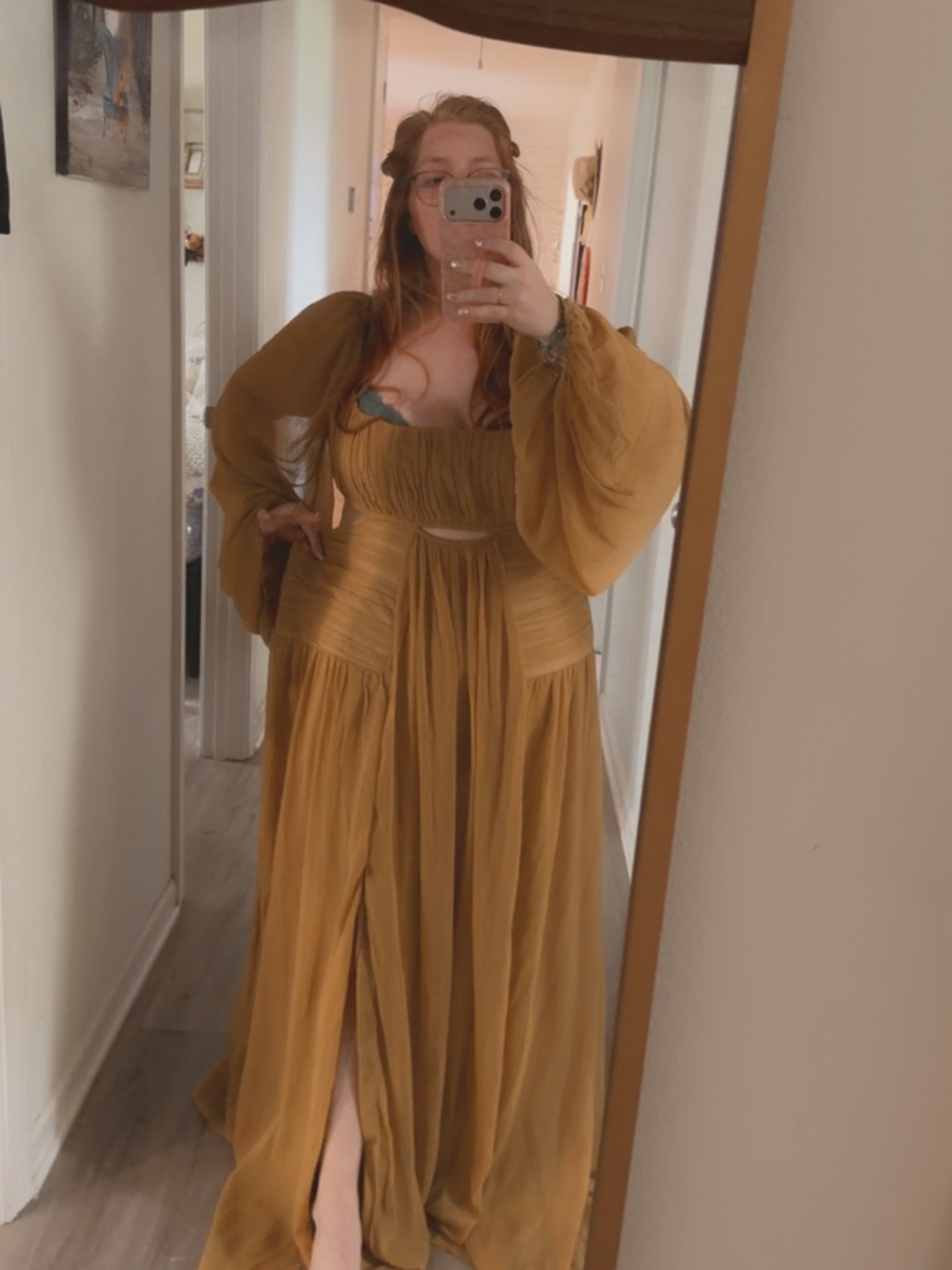 ASOS Curve Mustard Long-Sleeve Empire Waist Back-less Maxi Dress - Picture 4 of 7